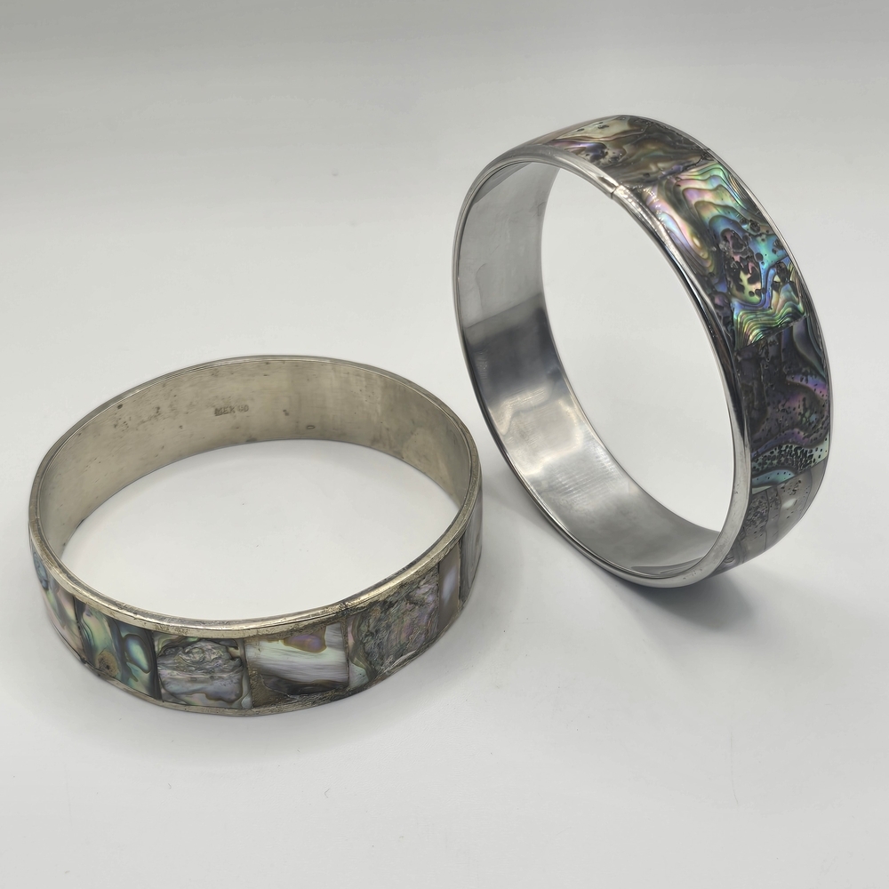 Vintage 1980s Mexico Silver Round Bangle Bracelet W/ Paua Shell Inlay Mexico